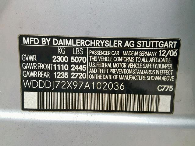 WDDDJ72X97A102036 - 2007 MERCEDES-BENZ CLS 550 SILVER photo 10