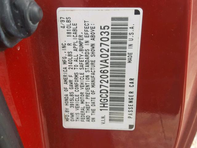 1HGCD7206VA027035 - 1997 HONDA ACCORD SE 红色 照片 10