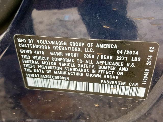 1VWAT7A30EC099984 - 2014 VOLKSWAGEN PASSAT S BLUE photo 10