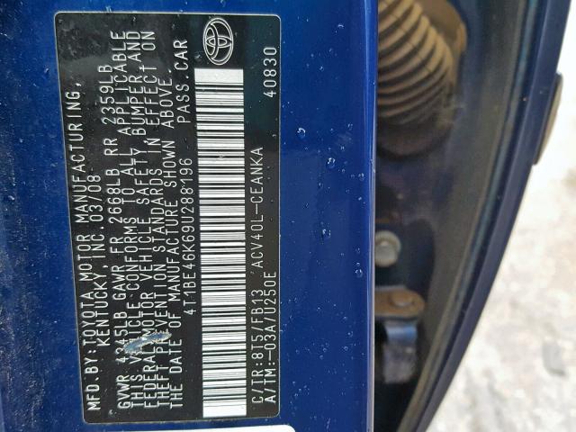 4T1BE46K69U288196 - 2009 TOYOTA CAMRY LE A BLUE photo 10