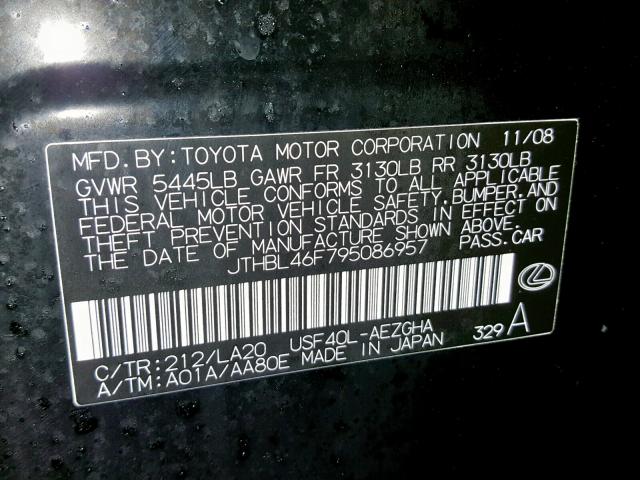 JTHBL46F795086957 - 2009 LEXUS LS 460 BLACK photo 10