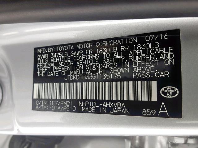 JTDKDTB33G1135175 - 2016 TOYOTA PRIUS C SILVER photo 10