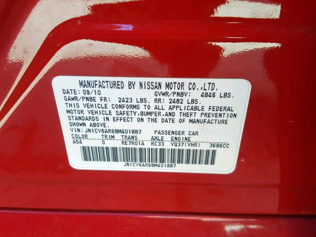 JN1CV6AR6BM401887 - 2011 INFINITI G37 RED photo 10