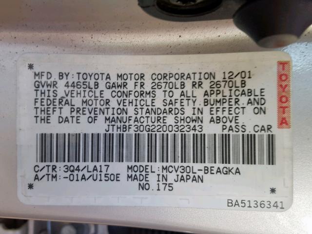 JTHBF30G220032343 - 2002 LEXUS ES 300 SILVER photo 10