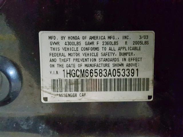 1HGCM66583A053391 - 2003 HONDA ACCORD BLUE photo 10