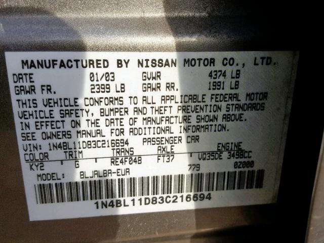 1N4BL11D83C216694 - 2003 NISSAN ALTIMA SE SILVER photo 10