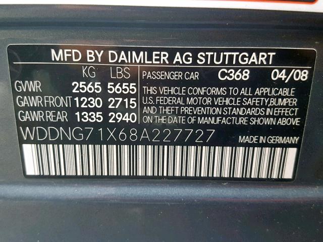 WDDNG71X68A227727 - 2008 MERCEDES-BENZ S 550 CHARCOAL photo 10