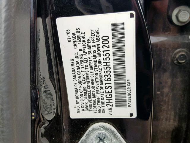 2HGES16355H551200 - 2005 HONDA CIVIC DX V BLACK photo 10