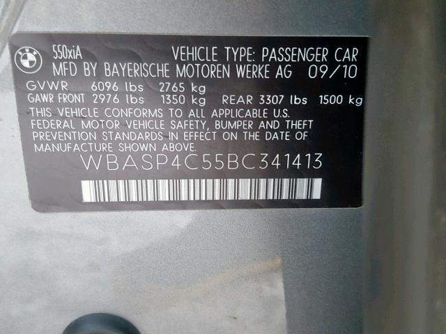 WBASP4C55BC341413 - 2011 BMW 550 XIGT GRAY photo 10