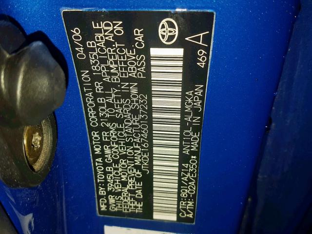 JTKDE167460137232 - 2006 TOYOTA SCION TC 蓝色 照片 10