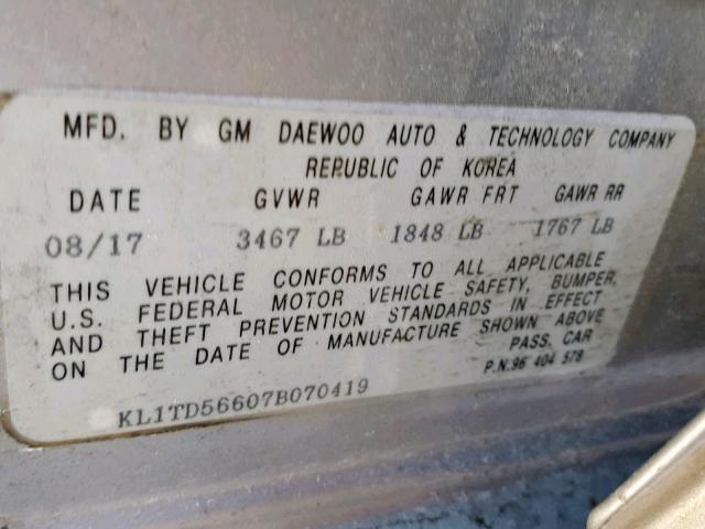 KL1TD56607B070419 - 2007 CHEVROLET AVEO BASE Күміс фото 10