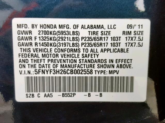 5FNYF3H26CB002558 - 2012 HONDA PILOT LX BLUE photo 10