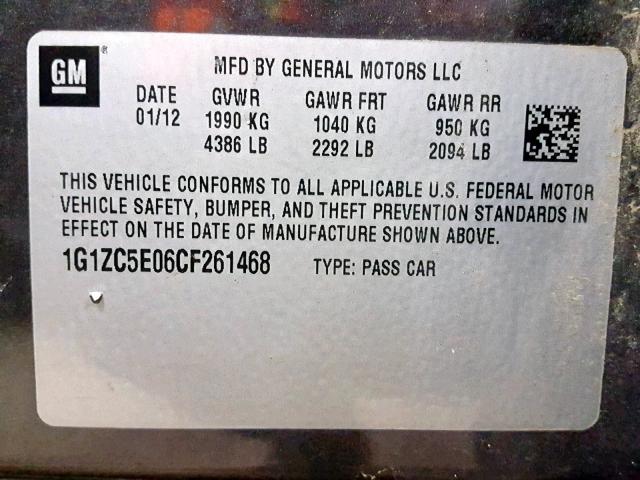 1G1ZC5E06CF261468 - 2012 CHEVROLET MALIBU 1LT 灰色 照片 10