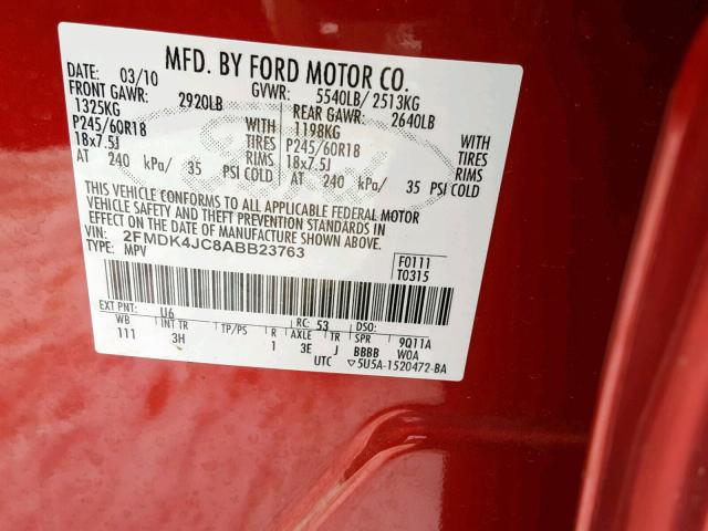 2FMDK4JC8ABB23763 - 2010 FORD EDGE SEL RED photo 10