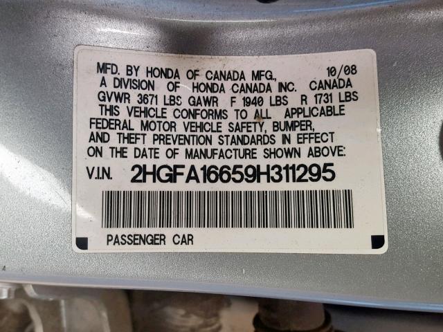 2HGFA16659H311295 - 2009 HONDA CIVIC SILVER photo 10