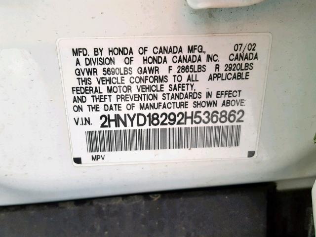 2HNYD18292H536862 - 2002 ACURA MDX WHITE photo 10