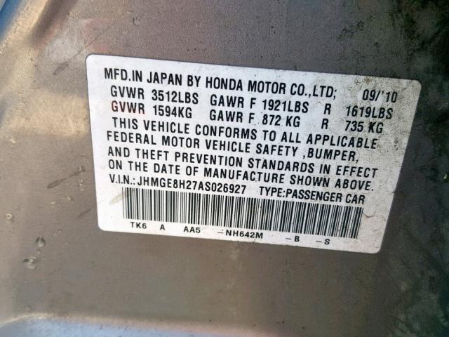 JHMGE8H27AS026927 - 2010 HONDA FIT SILVER photo 10