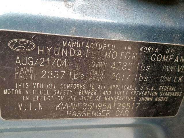 KMHWF35H95A139517 - 2005 HYUNDAI SONATA GLS GREEN photo 10