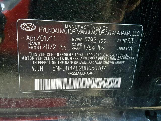 5NPDH4AE2BH050707 - 2011 HYUNDAI ELANTRA GL BLACK photo 10