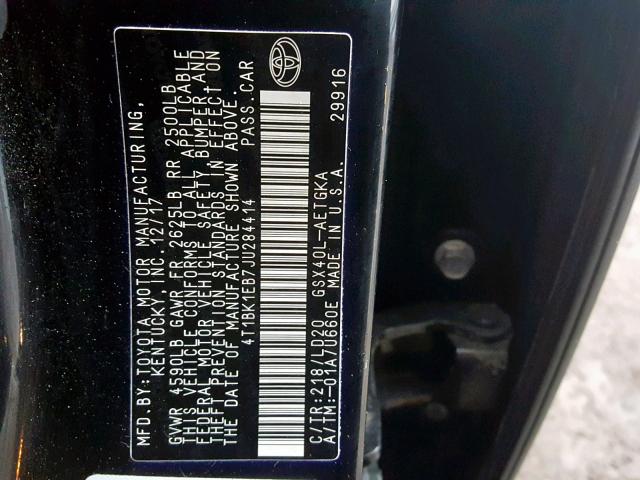 4T1BK1EB7JU284414 - 2018 TOYOTA AVALON XLE 黑色 照片 10