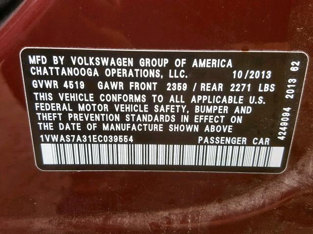 1VWAS7A31EC039554 - 2014 VOLKSWAGEN PASSAT S MAROON photo 10