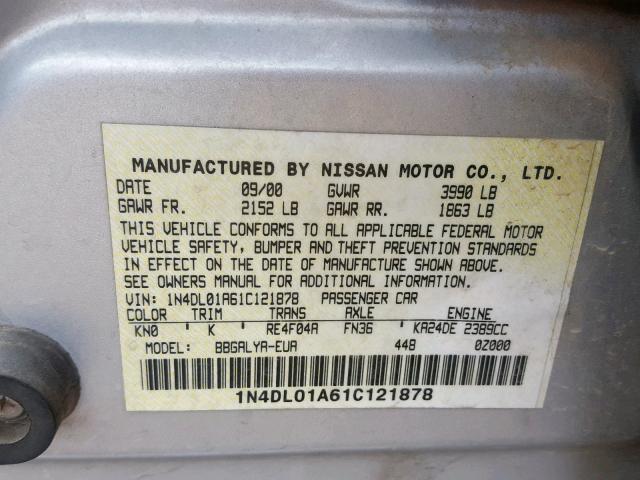 1N4DL01A61C121878 - 2001 NISSAN ALTIMA GXE SILVER photo 10