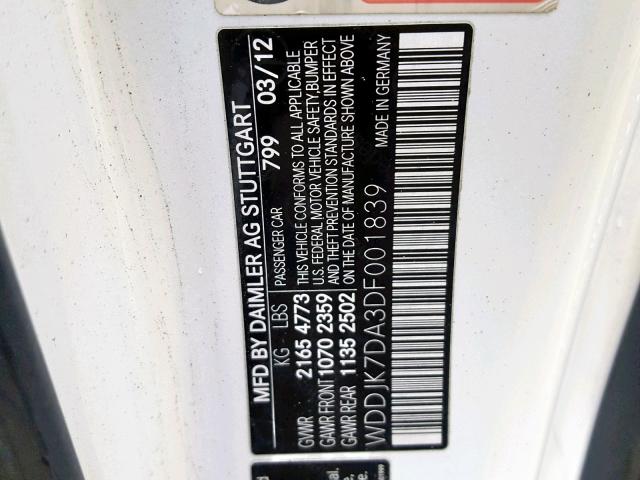 WDDJK7DA3DF001839 - 2013 MERCEDES-BENZ SL 550 WHITE photo 10