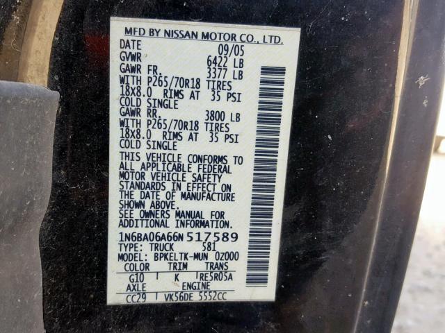 1N6BA06A66N517589 - 2006 NISSAN TITAN XE BLACK photo 10