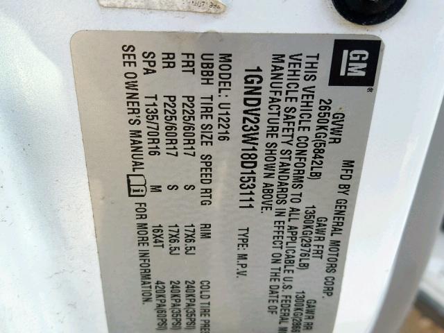 1GNDV23W18D153111 - 2008 CHEVROLET UPLANDER L 白色 照片 10