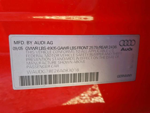 WAUDG78E26A083016 - 2006 AUDI A4 3.2 QUA RED photo 10