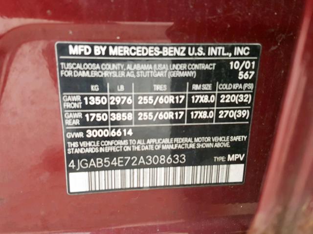 4JGAB54E72A308633 - 2002 MERCEDES-BENZ ML 320 MAROON photo 10