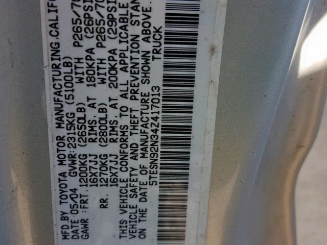 5TESN92N34Z417013 - 2004 TOYOTA TACOMA XTR ვერცხლისფერი ფოტო 10