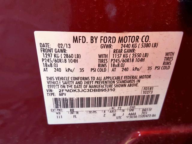 2FMDK3JC3DBB95310 - 2013 FORD EDGE SEL RED photo 10