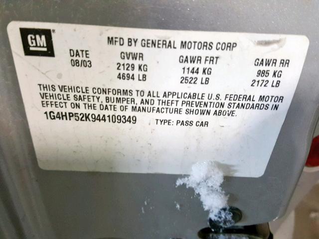 1G4HP52K944109349 - 2004 BUICK LESABRE CU SILVER photo 10