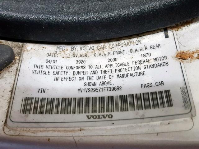 YV1VS29571F739692 - 2001 VOLVO S40 1.9T SILVER photo 10