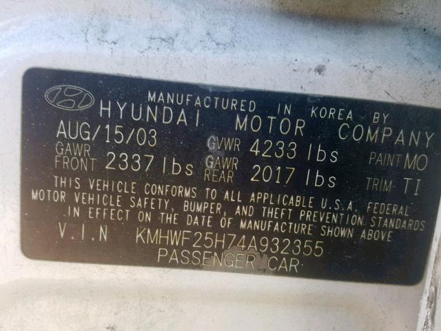 KMHWF25H74A932355 - 2004 HYUNDAI SONATA GL WHITE photo 10