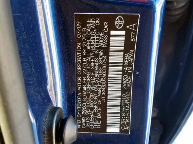 JTDKN3DU9A0030754 - 2010 TOYOTA PRIUS BLUE photo 10