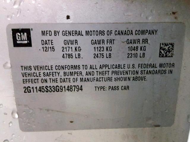 2G1145S33G9148794 - 2016 CHEVROLET IMPALA LTZ ვერცხლისფერი ფოტო 10
