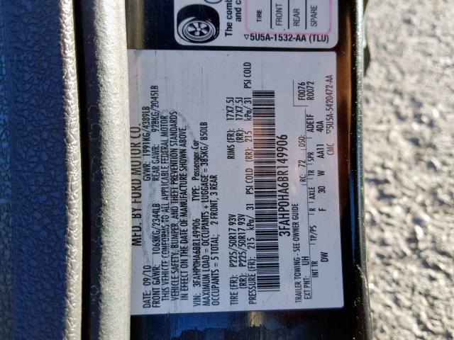 3FAHP0HA6BR149906 - 2011 FORD FUSION SE BLACK photo 10