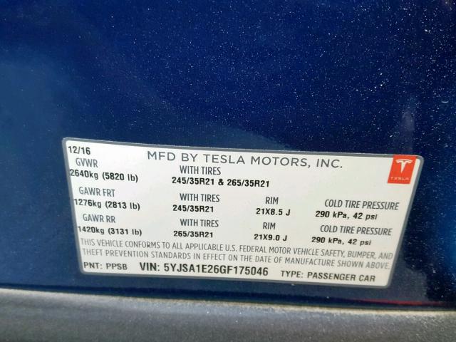 5YJSA1E26GF175046 - 2016 TESLA MODEL S BLUE photo 10