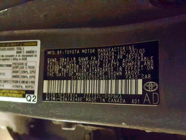 2T1KR32E55C487105 - 2005 TOYOTA MATRIX XR GRAY photo 10