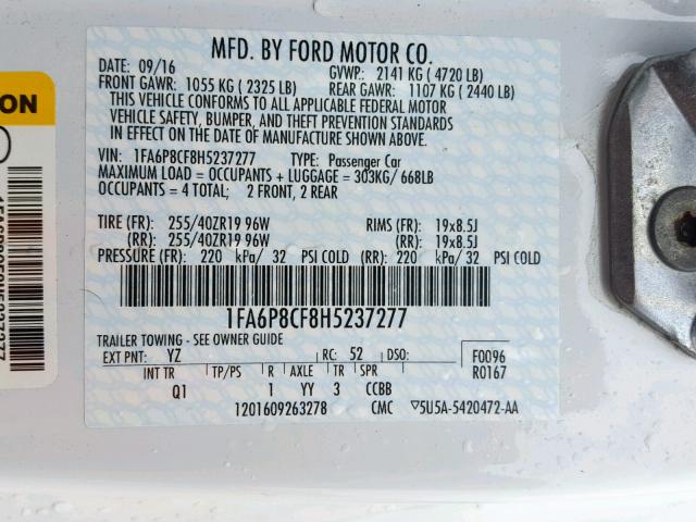 1FA6P8CF8H5237277 - 2017 FORD MUSTANG GT WHITE photo 10