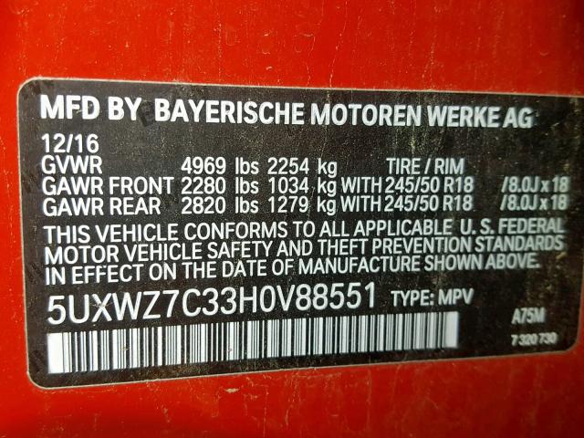 5UXWZ7C33H0V88551 - 2017 BMW X3 SDRIVE2 RED photo 10