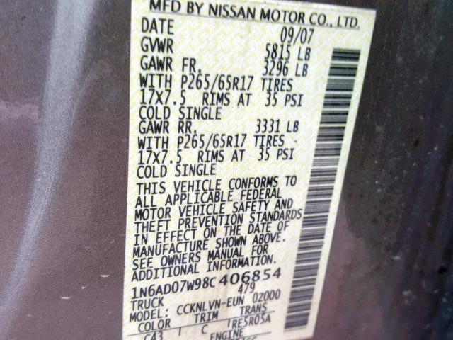 1N6AD07W98C406854 - 2008 NISSAN FRONTIER C BROWN photo 10