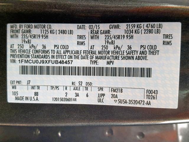 1FMCU0J9XFUB48457 - 2015 FORD ESCAPE TIT GRAY photo 10