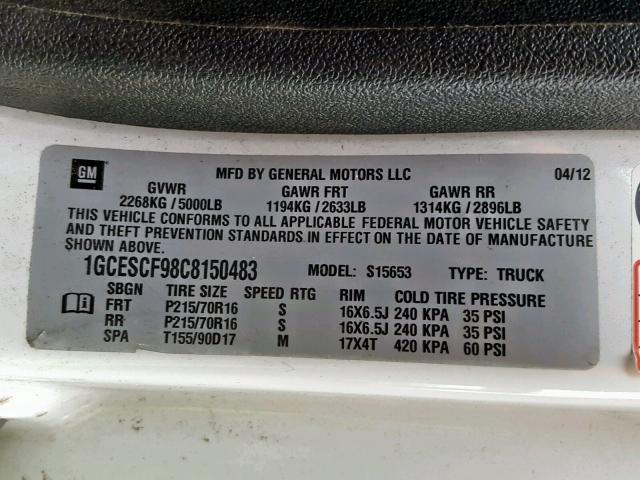 1GCESCF98C8150483 - 2012 CHEVROLET COLORADO L WHITE photo 10