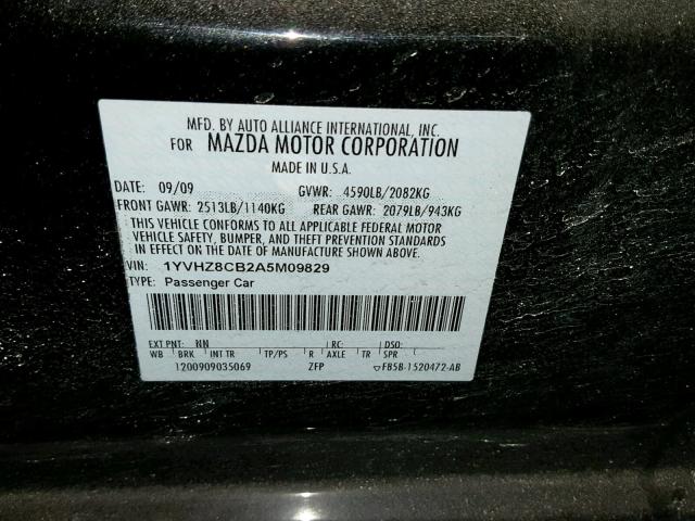 1YVHZ8CB2A5M09829 - 2010 MAZDA 6 S BLACK photo 10