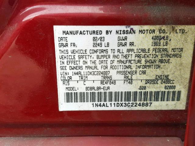 1N4AL11DX3C224887 - 2003 NISSAN ALTIMA BAS RED photo 10