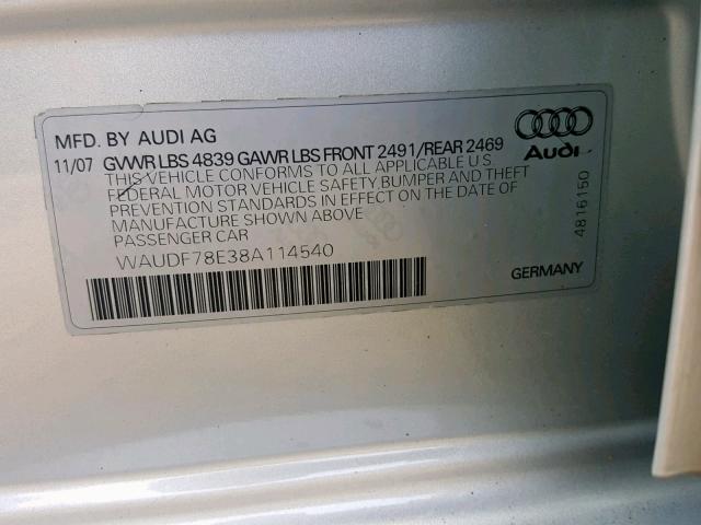 WAUDF78E38A114540 - 2008 AUDI A4 2.0T QU SILVER photo 10