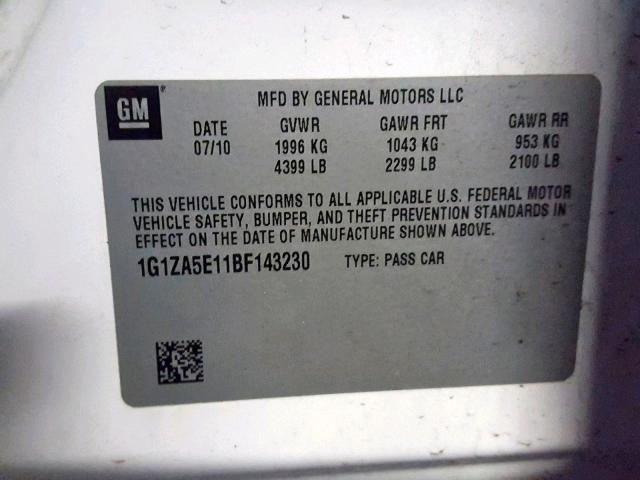 1G1ZA5E11BF143230 - 2011 CHEVROLET MALIBU LS WHITE photo 10